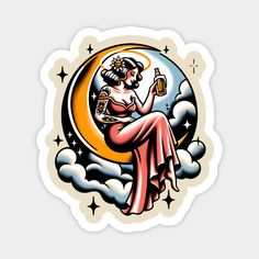 an image of a woman sitting on the moon with a beer in her hand and stars around