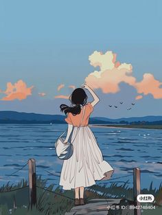 a girl in a white dress looking out over the water at sunset with birds flying overhead