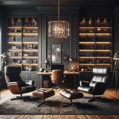 a living room filled with lots of furniture and bookshelves covered in glass shelves