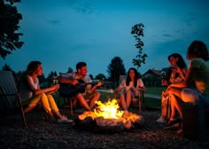 four people sitting around a campfire at night with their guitars on the fire pit