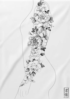 a black and white drawing of a woman's arm with flowers on the side