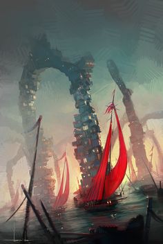 a red sailboat floating in the ocean next to tall buildings