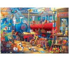 a painting of a train station filled with animals