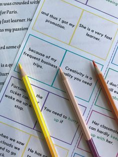 three pencils sitting on top of a piece of paper with words written in it