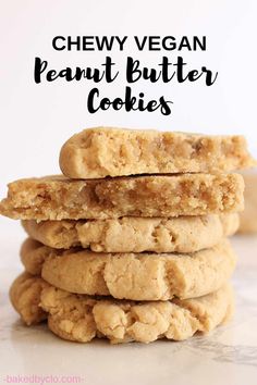 chewy vegan peanut butter cookies stacked on top of each other with text overlay