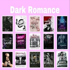 the cover art for dark romance, with many different covers in pink and black colors