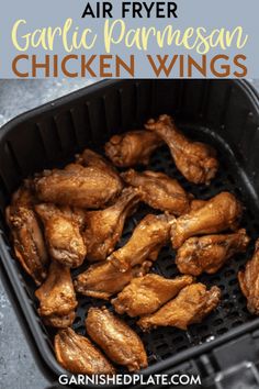 air fryer with chicken wings in it and text overlay