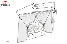 a drawing of a bed with curtains on the top and bottom, as well as measurements for