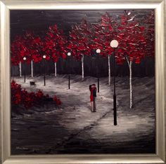 a painting of a person walking down a street with red trees in the background and lights on