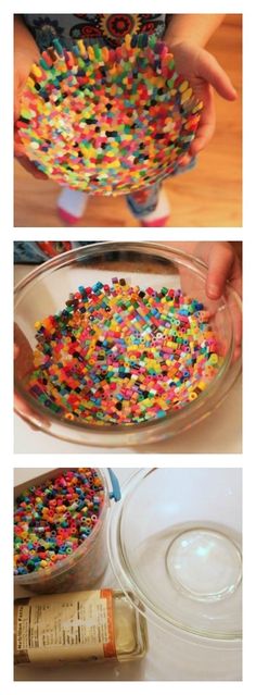 there is a bowl filled with sprinkles and the bottom one has a plastic container