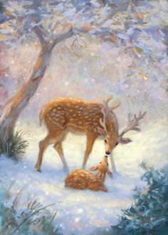 a painting of two deer in the snow