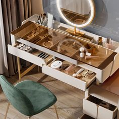 a dressing table with drawers and a mirror