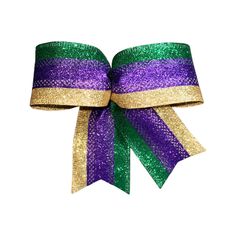 a purple, green and gold glitter bow on a white background with clippings