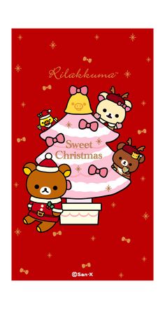 a red christmas card with teddy bears and a tree on the bottom, says kawaima sweet christmas