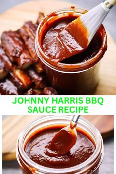 there are two pictures of bbq sauce and ribs