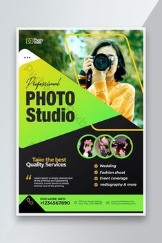 a green and black flyer for photography studio with a woman holding a camera in front of her face