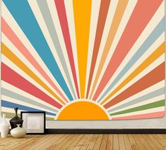 the sun is shining brightly in this colorful wall art print on a wood floor with vases next to it