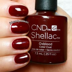 Happy Monday! Meet the new color in our shellac family. #oxblood My customers asking me for more red colours. So I finally got it. There are actually 7 more new colours with pastel tones, more nude colours and couple pink colours as well but this one you will love. It really looks like a blood. :-) #jkbeautyservices #mobilebeauty #mobilenails #jesskoroleva #Melbourne #autumninmelbourne #shellac #CND #drymanicure Shellac Red Colours, Cnd Shellac Soft Peony, Oxblood Nails, Cnd Shellac Dark Lava