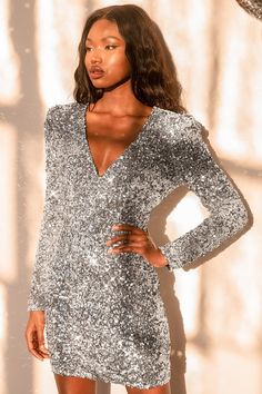 Brand New You Silver Sequin Bodycon Mini Dress Silver Holiday Dress, Silver Sequin Dress Short, Sequin Dresses, Silver Sequin Cocktail Mini Dress, Silver Sequin Mini Dress For Club, Long Sleeve Silver Sequined Mini Dress, Party-ready Long Sleeve Sequined Mini Dress, Silver Shimmer V-neck Mini Dress, Trendy Party Dresses