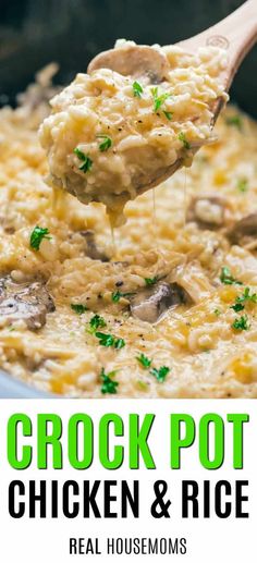 crock pot chicken and rice is being spooned into the casserole