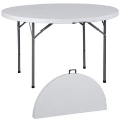 a white round table with two folding legs