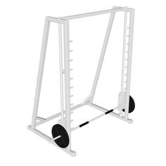 a white metal frame with wheels and bars on the bottom half of it, against a white background