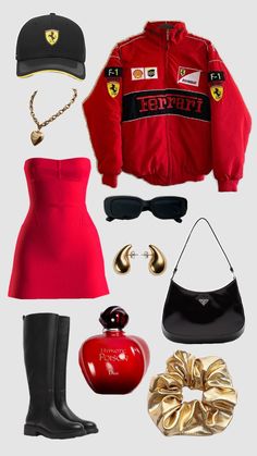 #F1 #Ferrari #outfit Las Vegas Grand Prix F1 Outfit, F1 Las Vegas Outfit, Ferrari Girl Outfit, F1 Girl Outfit, F1 Inspired Outfits, Ferrari Jacket Aesthetic, F1 Costume Women, Ferrari Jacket Outfit Women