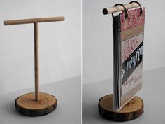 there is a wooden stand with a magazine holder on it and another photo in the background