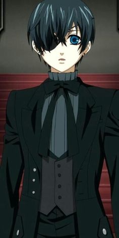 an anime character with blue eyes wearing a black suit and tie, standing in front of a red wall