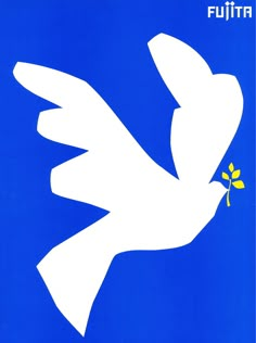 a white bird with a yellow flower in it's beak on a blue background