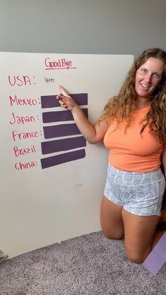 a woman standing in front of a whiteboard with writing on it and pointing to the wall