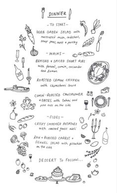 the menu for dinner is drawn in black and white, with an image of food on it