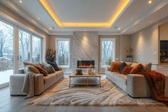 Living room with lighted cove ceiling and porcelain tile fireplace Porcelain Tile Fireplace, Cove Ceiling