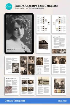 the family book template is shown with photos and text on it, along with an image of