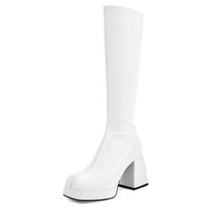 PRICES MAY VARY. 🎄[STRETCH FABRIC]: Gogo boots are made of high-quality PU leather with great elasticity, which fits legs well and is friendly to big calf girls. 🎄[COMFORTABLE]: Soft microfiber fabric lining, cushioned insole and squishy heel, are so comfortable to wear for long periods of time! 🎄[NEW FASHION]: White knee high boots add the hottest platform and unique chunky heel design on the basis of traditional gogo boots, super stylish. 🎄[VERSATILE]: Square-toe white boots go with almost Players Ball, White Gogo Boots, White Platform Boots, White Knee High Boots, Ball Outfit, Go Go Boots, Big Calves, Boots Platform, Gogo Boots