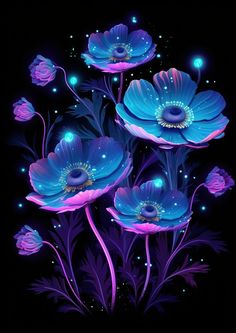 some blue flowers are in the dark