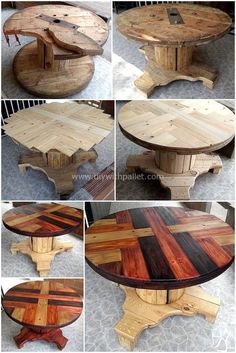 several pictures of different tables made out of pallets and wooden planks, including one with