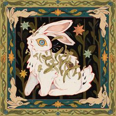 a painting of a white rabbit with stars around it