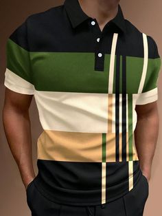 Multicolor Casual Collar Short Sleeve Fabric Colorblock Embellished Slight Stretch Men Clothing Business Casual Summer, Polo Shirts For Men, Printed Polo Shirts, Vintage Clothing Men, Sleek Style, Polo Golf, Striped Polo Shirt, Simple Shirts, Shirts For Men