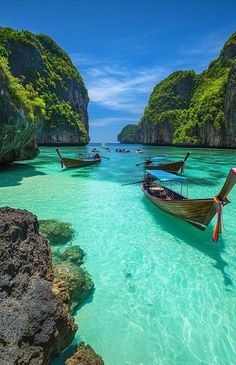 two boats are anchored in the clear blue water near some cliffs and rock formations on an island