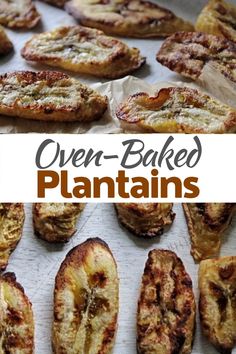 oven baked plantains on a baking sheet with text overlay that reads oven - baked plantains