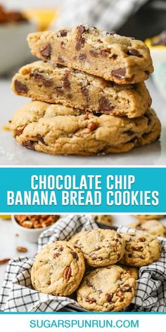 chocolate chip banana bread cookies stacked on top of each other with the title above it