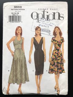 three women's dresses and one woman's dress are shown in this sewing pattern