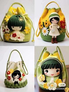 four different pictures of small purses with little dolls on the front and back sides