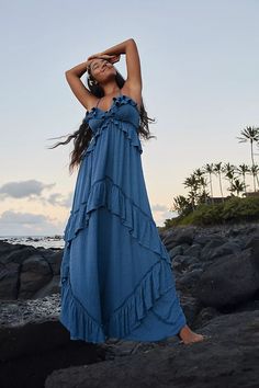 Santa Luz Maxi | Free People Free People Bridesmaid Dress, Beach Photoshoot Formal Dress, Formal Night On Cruise Dresses Sunset, Beach Maternity Photo Shoot Dress, Sky Blue Flowwy Dress, Sand Dunes Photoshoot Flowy Dress, Maternity Shoot Beach Dress, Flowy Feminine Ruffle Dress For Beach, Feminine Flowy Ruffle Dress For Beach