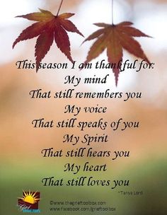 a poem with two leaves hanging from it's side and the words, this season i am grateful for my mind