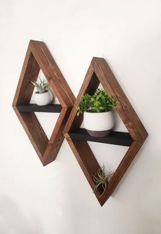 two wooden shelves with plants on them against a white wall, one holding a potted plant