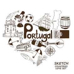 the word portugal written in different languages with various symbols and objects surrounding it, as well as