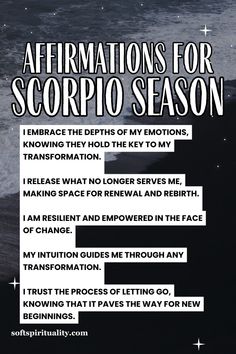 a poster with the words affirmations for scorpio season