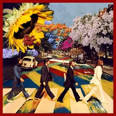 the beatles walking across a rainbow - colored crosswalk in front of a sunflower